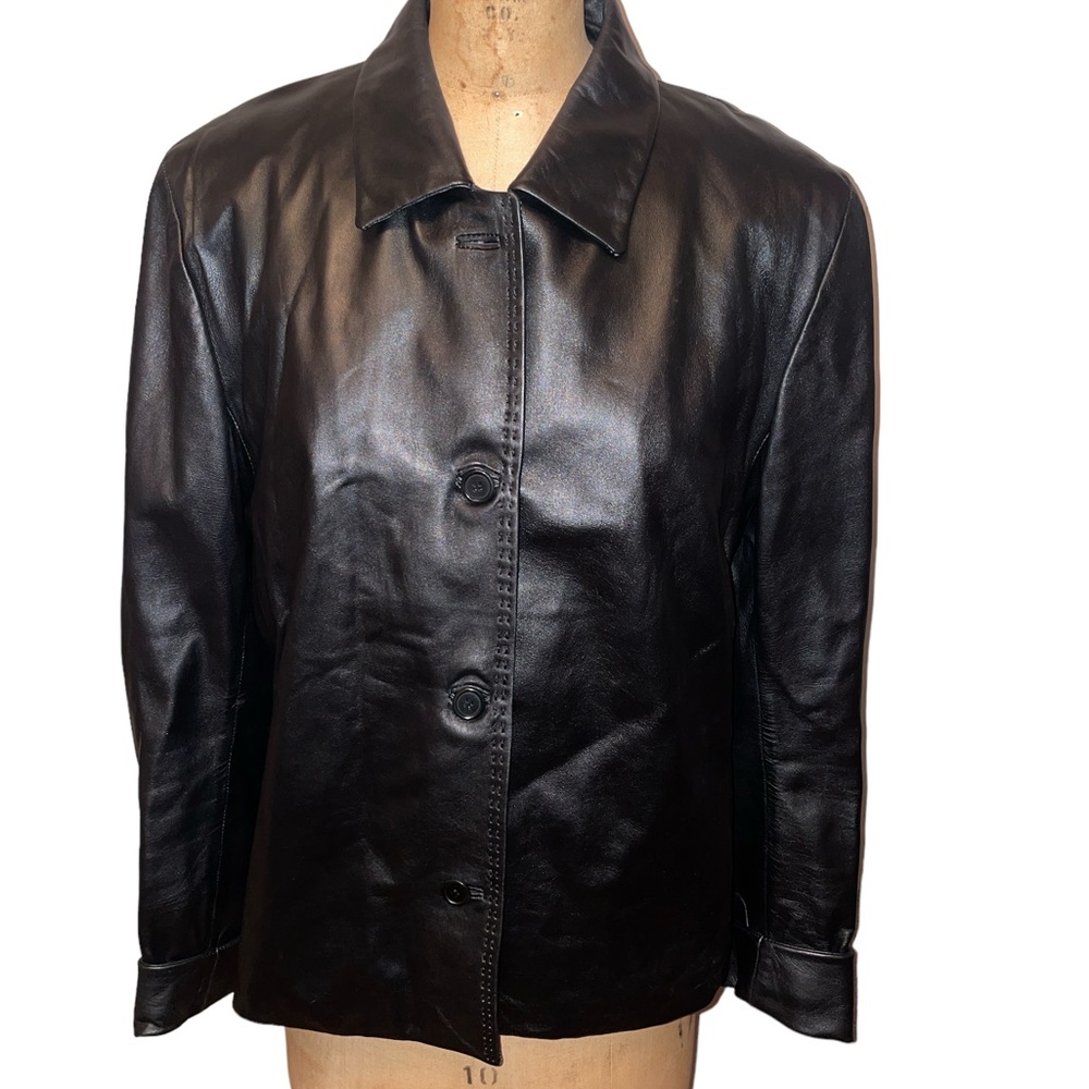 Anna Piazza Pitti Firenze Black Leather 4 Button Coat Jacket Sz 48 Made In Italy